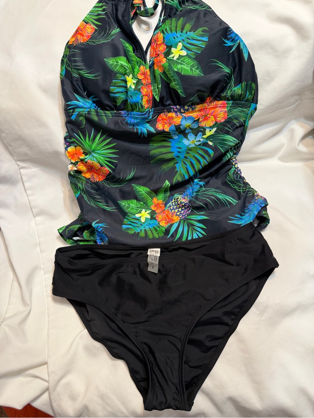 Tropical Floral Halter Two Piece Swimsuit with Black Bikini Bottoms